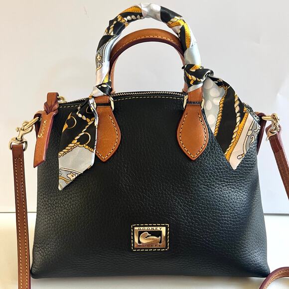 DOONEY & BOURKE Dillen Satchel, Black and Brown Leather Crossbody, + Bag Scarf! - Picture 3 of 15